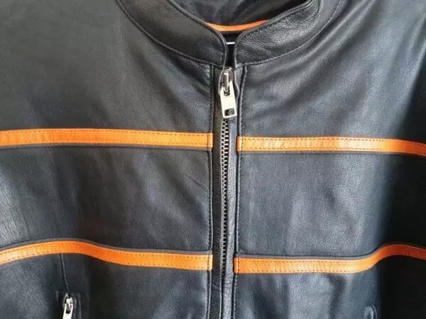 Black Leather Jacket with two orange stripes