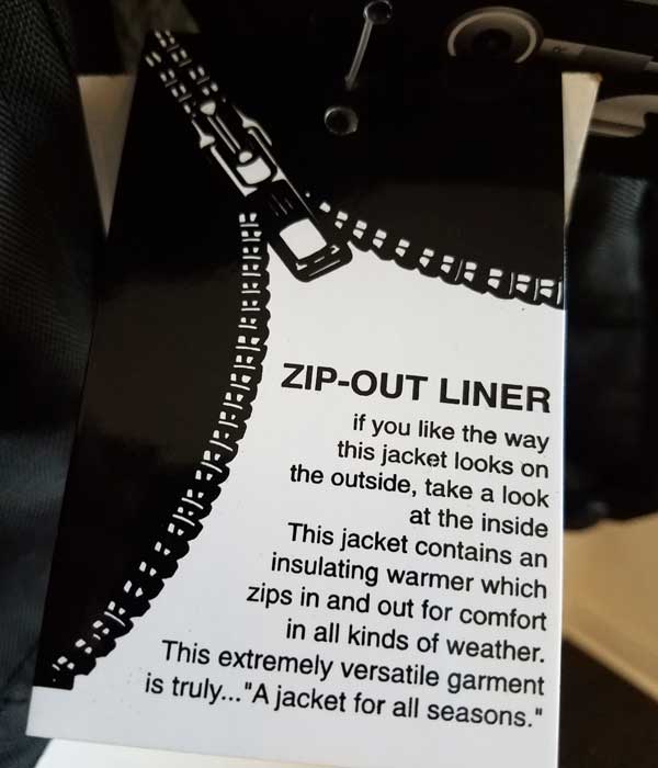 Tag zip-out liner with instructions