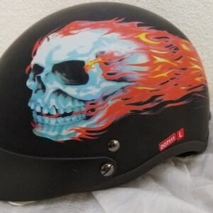 Black helmet with flaming skull decal
