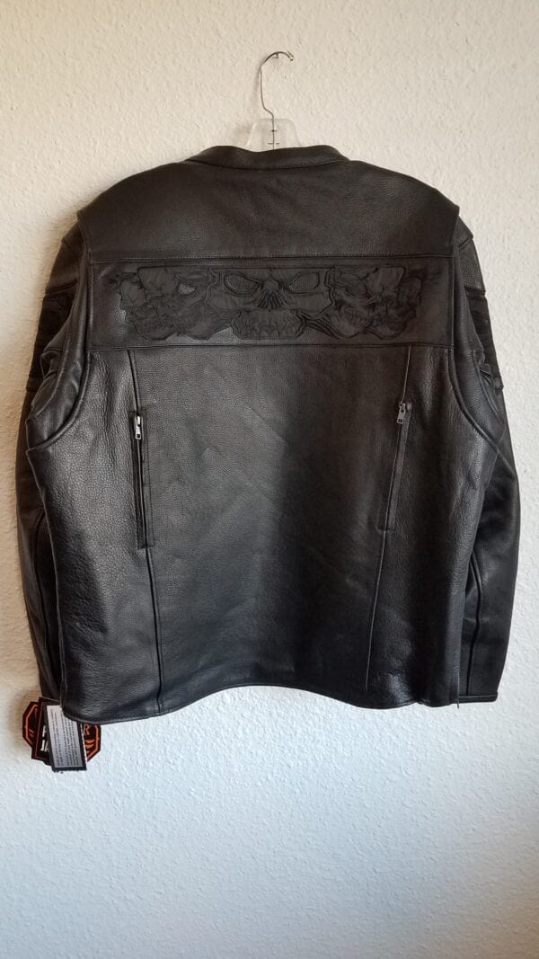 men’s collarless leather jacket rear
