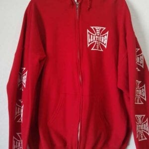 Red hoodie with white symbols on sleeves