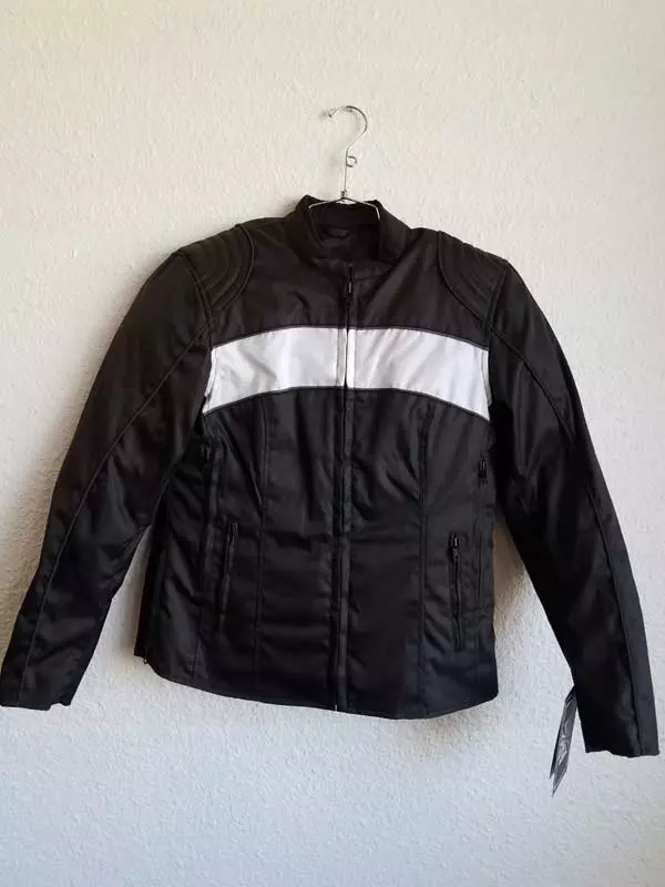 Women’s black nylon jacket with white stripe