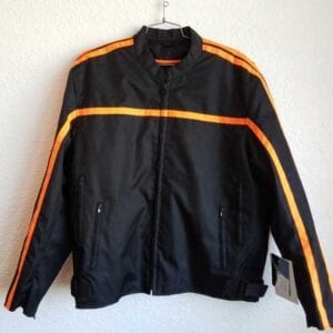 Black nylon jacket with orange stripes