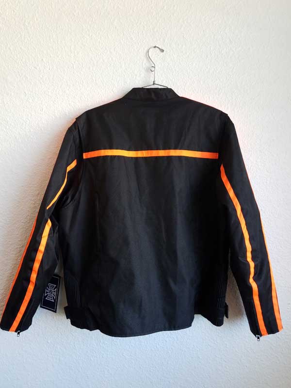 Rear view black nylon jacket with orange stripes
