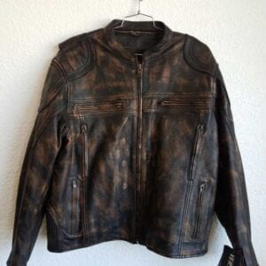 Brown faded biker jacket with gun
