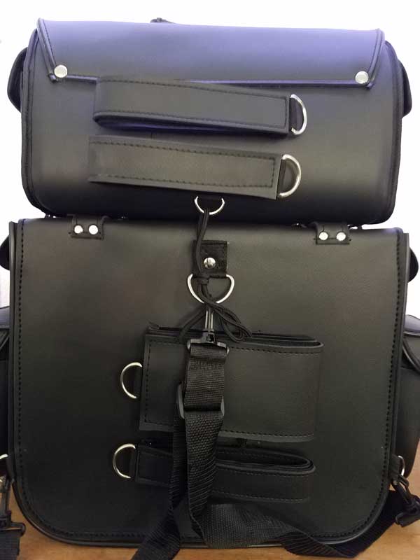Rear view black leather travel pack