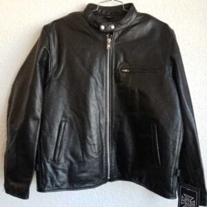 Plain black leather biker jacket with zipper pockets