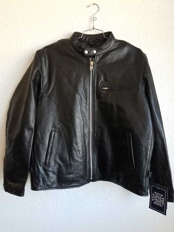 Plain black leather biker jacket with zipper pockets