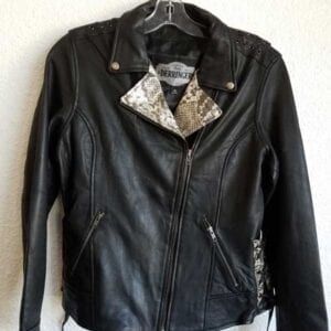 Snakeskin collar and leather jacket
