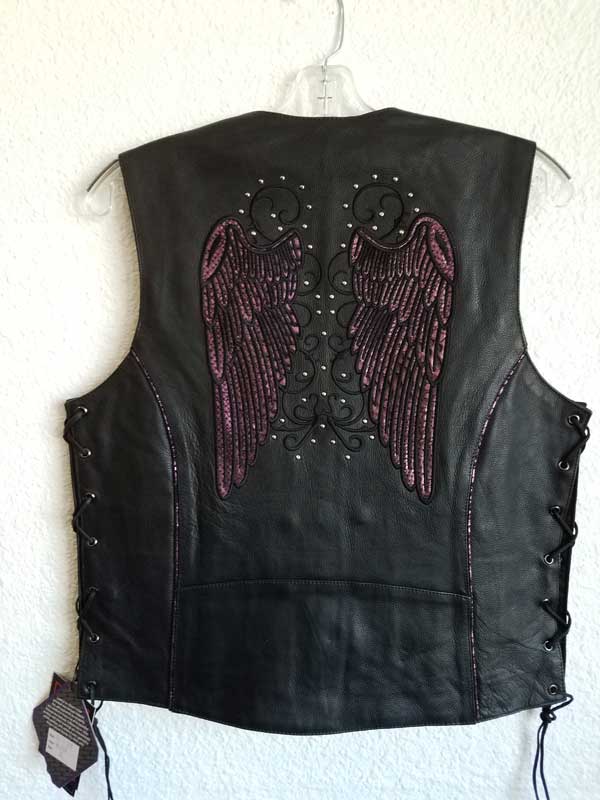 Women’s black vest with side laces and angel wing decal